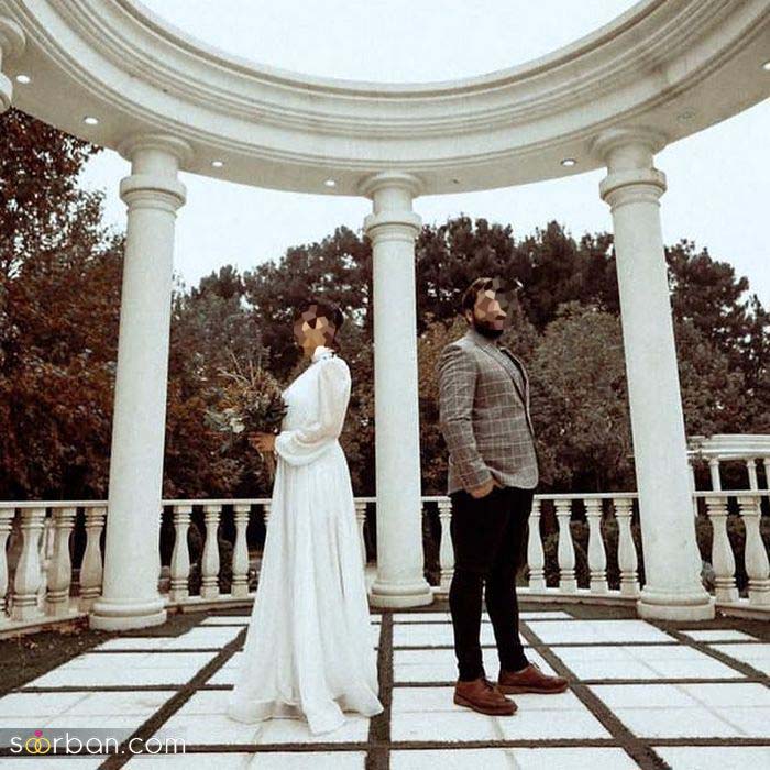 عکاسی عروس و داماد در باغ عمارت با ایده های تازه و خاص