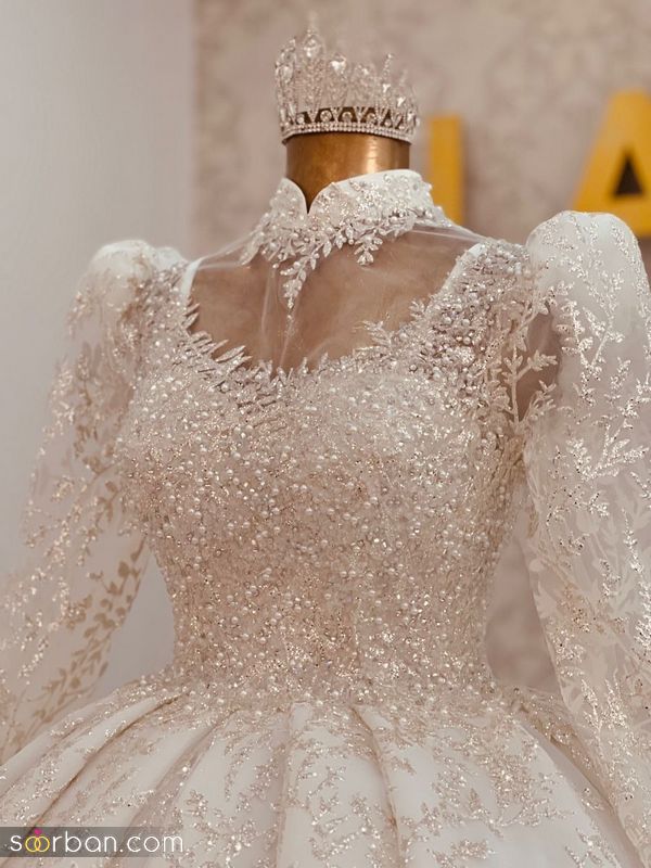 لباس عروس عربی 1402 با تزیناتبسیار پر کار و زرق برق