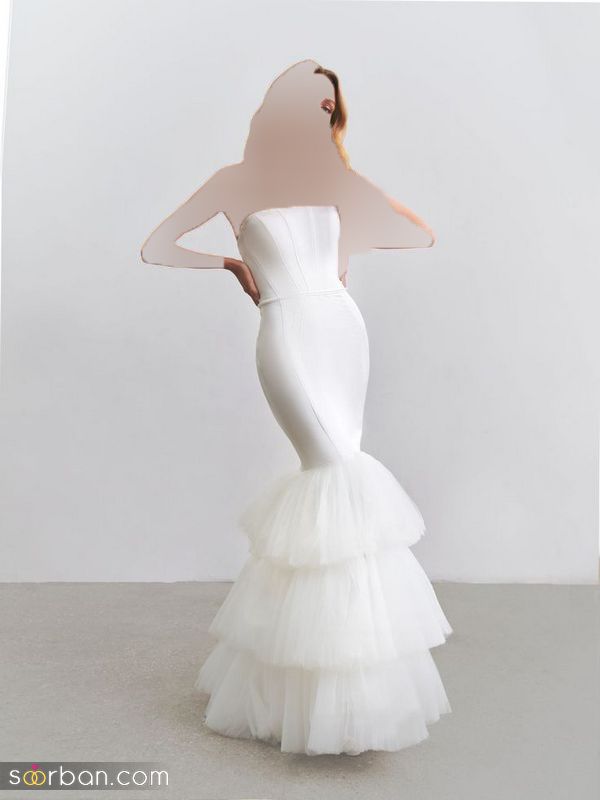 27 لباس عروس مدل ماهی 2023 ساده آستین دار پشت باز ( دو دامنه)