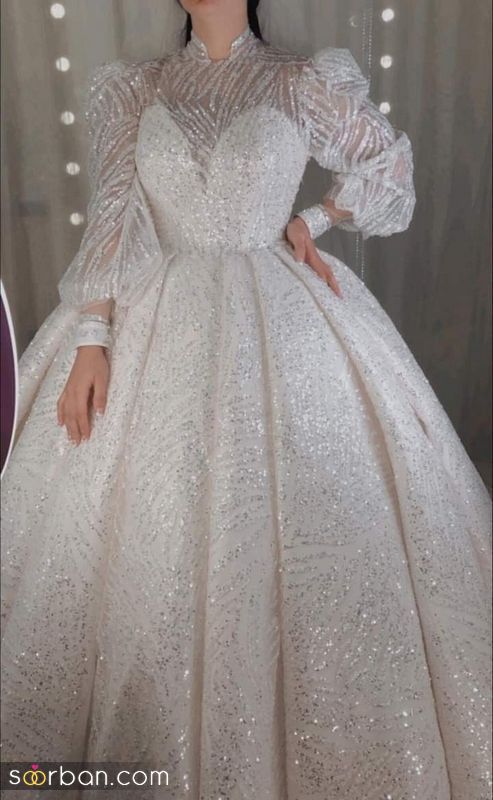 33 مدل لباس عروس عربی 2023 پف دار و پرنسسی دو دامنه (آستین دار)