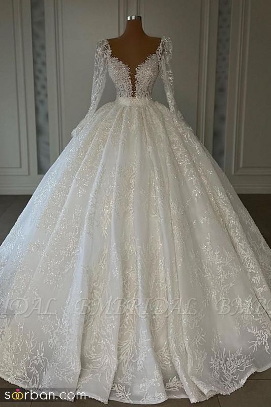 33 مدل لباس عروس عربی 2023 پف دار و پرنسسی دو دامنه (آستین دار)