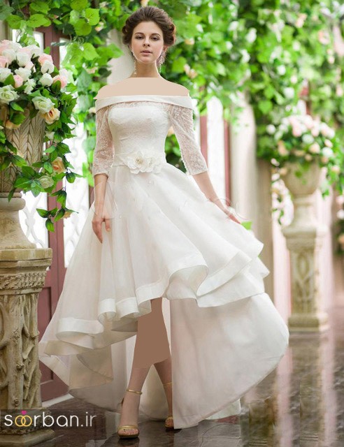 مدل لباس عروس جلو کوتاه پشت بلند آستین دار