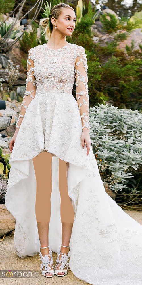 لباس عروس جلو کوتاه پشت بلند با آستین گیپور