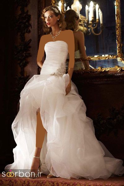مدل لباس عروس جلو کوتاه پشت بلند با دامن تور  دکلته