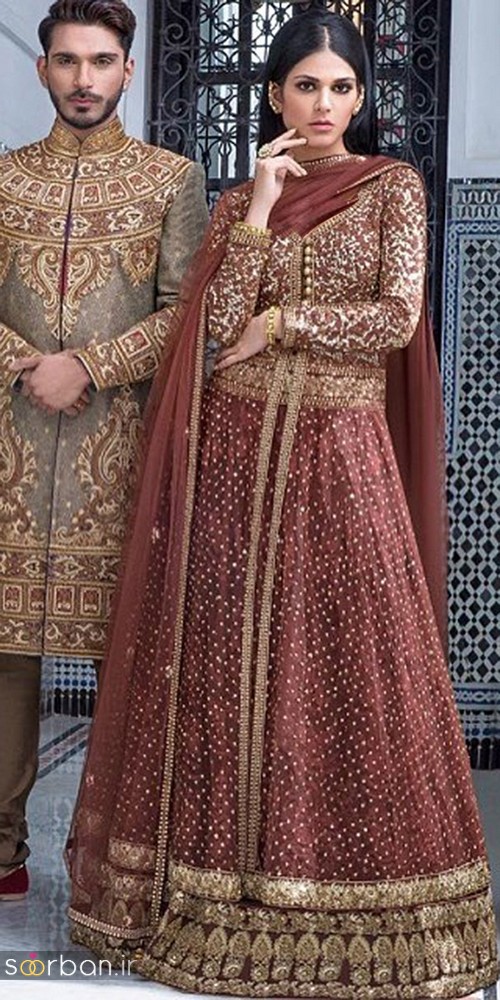  لباس عروس هندی با تور و گل برای مجلسی بلند