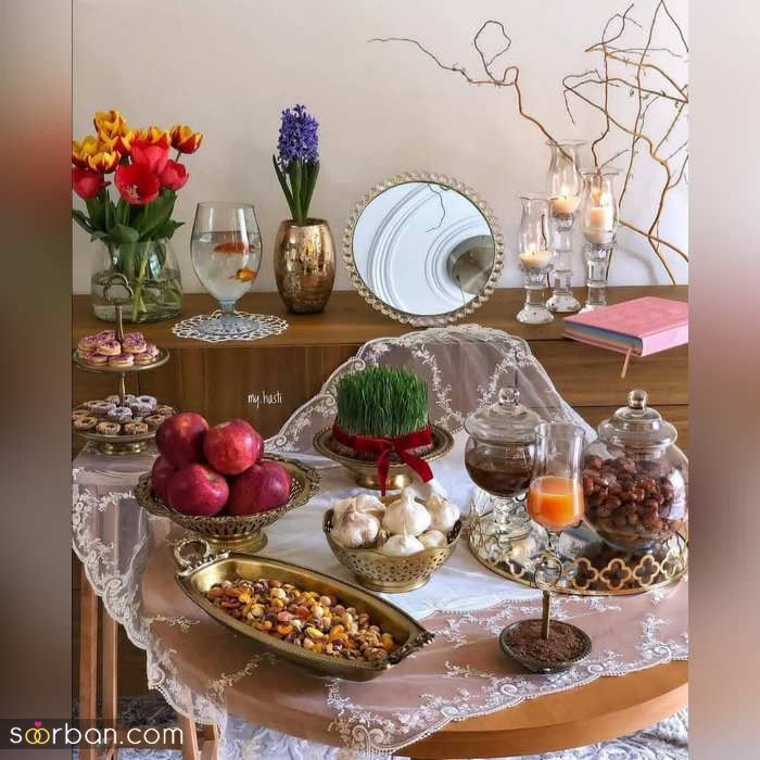 مدل سفره هفت سین عروس برای نوروز 1400 _ (تزیین سفره هفت سین عروس و داماد)