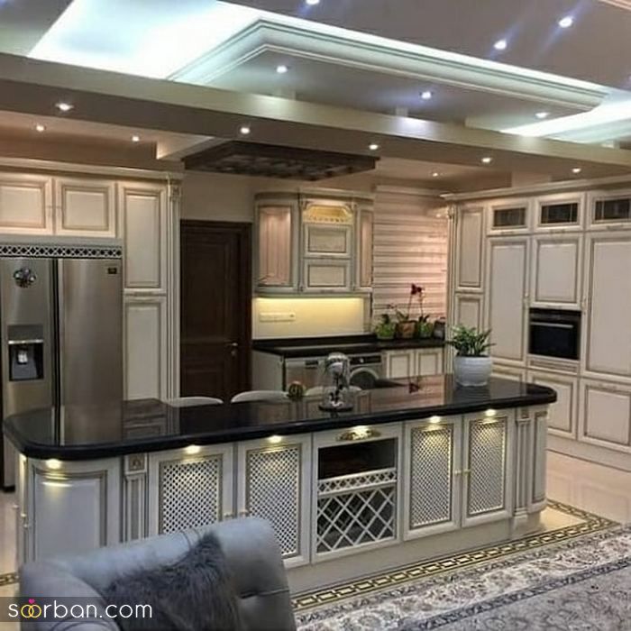 کابینت 1401 | کابینت مدرن برای آشپزخانه ایرانی با ترکیب رنگ سفید و طرح چوب
