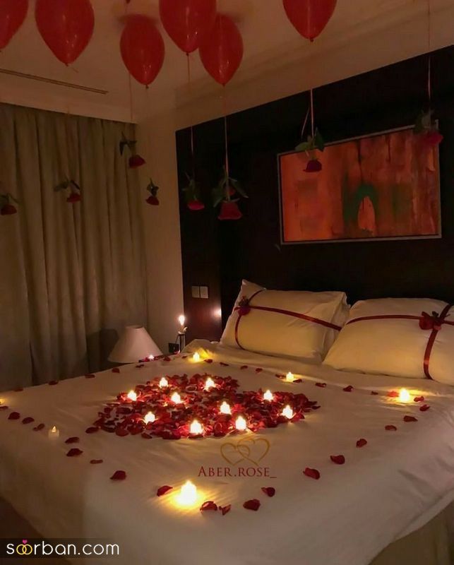 تزیین اتاق خواب عروس 1401 با شمع/ بادکنک/  گل رز (تزیین اتاق خواب عروس ساده)