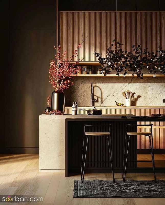 مدل اپن آشپزخانه 1401 به سبک امروزی ها تزیین شده با صندلی های زیبا و گلدون های جذاب