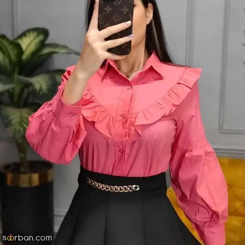 شومیز جدید شیک 1402 جلو باز و بسته با طراحی ژورنالی بسیار خفن