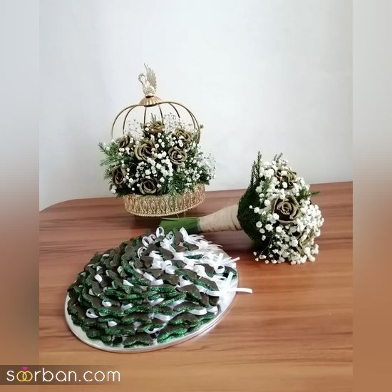 تصاویری برای تزیین حنای عروس 1402 به روشهای گل با مروارید / تور/ سبد..