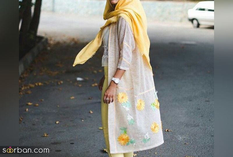 مدل مانتو بهاره ۱۴۰۲ اینستاگرام کار شده با نوار های زنگوله ای و پنل های آینه دوزی