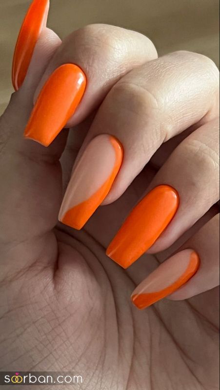 مدل ناخن نارنجی 1402 با ترکیب رنگ های خیلی جینگول و دیدنی