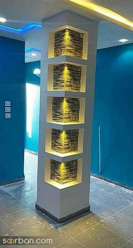 تزیین ستون وسط پذیرایی 2023 جدید؛ ایده های خلاق و جذاب [با گل آینه کناف گچ...]  