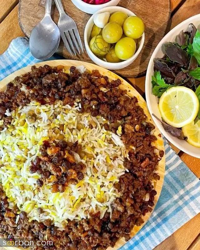 تزیین عدس پلو جدید؛ همراه با گوشت چرخ شده و زرشک و زعفران [مجلسی] 