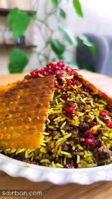 تزیین عدس پلو جدید؛ همراه با گوشت چرخ شده و زرشک و زعفران [مجلسی] 