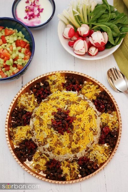 تزیین عدس پلو جدید؛ همراه با گوشت چرخ شده و زرشک و زعفران [مجلسی] 