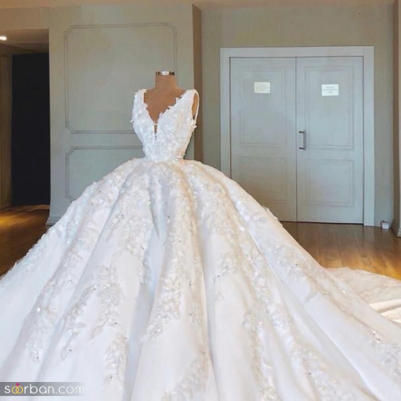 لباس عروس پرنسسی 2023 جدید؛ دنباله دار و پوشیده [آستین دار و بدون آستین] 
