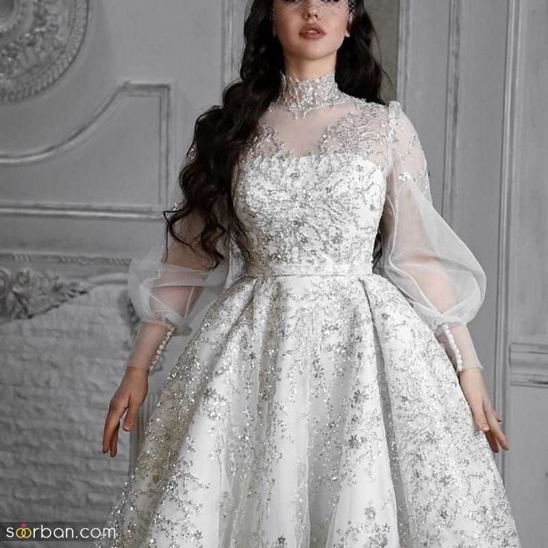 لباس عروس پرنسسی 2023 جدید؛ دنباله دار و پوشیده [آستین دار و بدون آستین] 