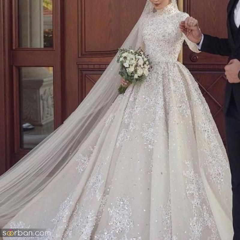 لباس عروس عربی 2023 جدید؛ پوشیده بسیار زیبا و متفاوت [پر زرق برق]