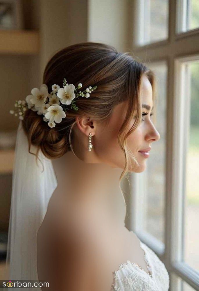 شینیون موی 1404 عروس با سبک ایتالیایی و تزئینات گل