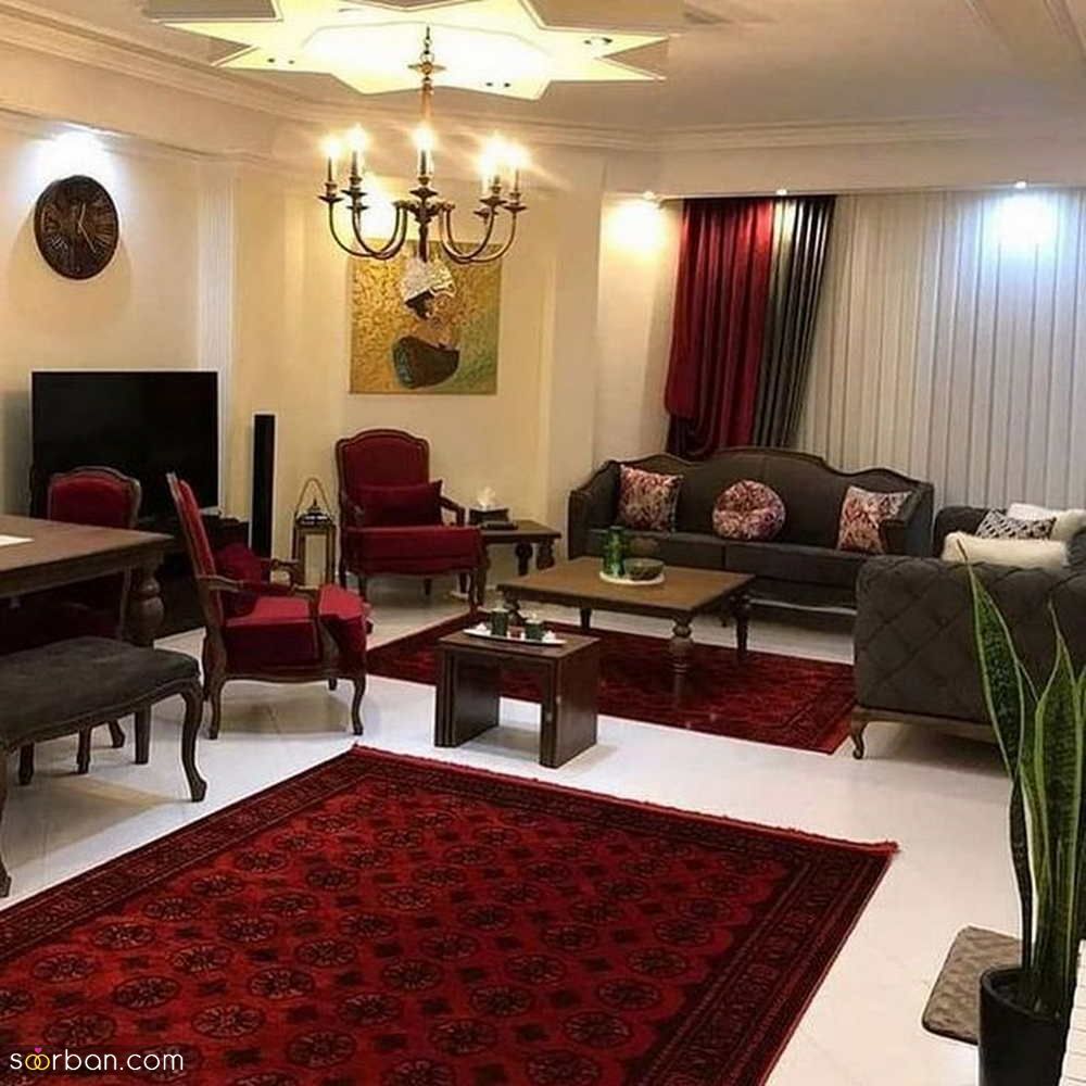 دکوراسیون داخلی خانه با فرش قرمز | فرش قرمز با چه مبل و پرده ای ست میشه؟ 15 ایده دکوراسیون داخلی خانه با فرش قرمز