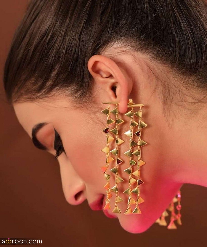 عکس گوشواره طلای بلند | 30 مدل عکس گوشواره طلای بلند آویزی برای استایل های متنوع