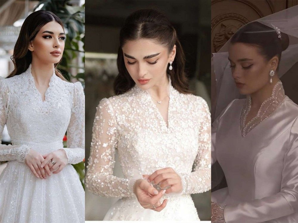 مدل لباس عروس یقه هفتی | 20 لباس عروس مدل یقه هفت با دامن ماهی و پرنسسی با استین و کاملا پوشیده