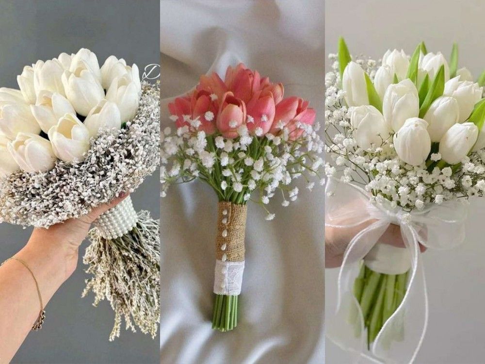 دسته گل عروس لاله طبیعی | 30 مدل دسته گل عروس لاله طبیعی سفید و قرمز یا صورتی لاکچری
