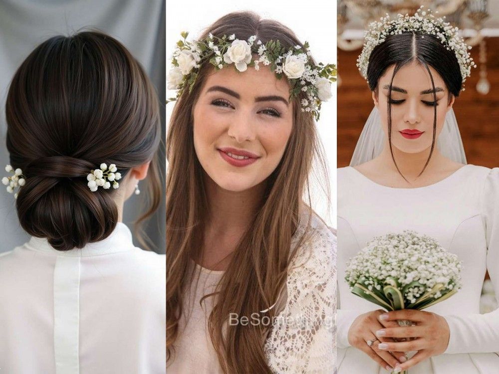 مدل مو عروس با گل طبیعی | 20 مدل شینیون باز و بسته عروس با گل طبیعی برای همه سلیقه ها