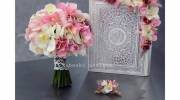 تصاویری از تزیین قران برای سالن عقد همراه با تور و مروارید ست با رنگ سفر عقد