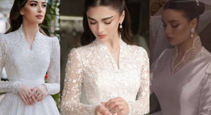 مدل لباس عروس یقه هفتی | 20 لباس عروس مدل یقه هفت با دامن ماهی و پرنسسی با استین و کاملا پوشیده